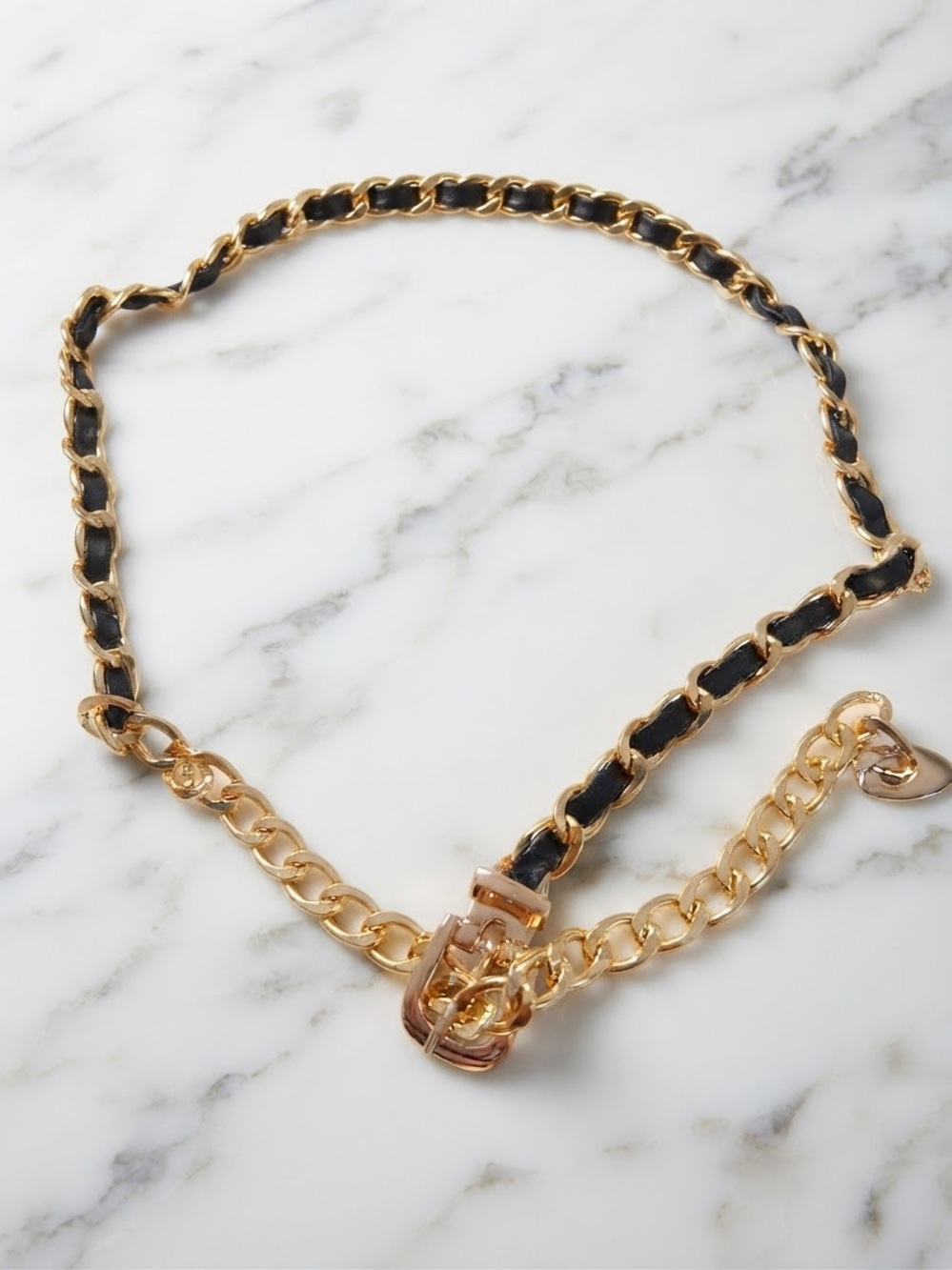 Gold Chain-Link Belt with Black Leather Weave